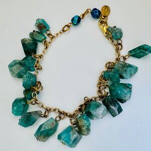Rachel Reinhardt Raw Dyed Teal Quartz Nugget Charm Bracelet Gold‎ Tone Boho Chic